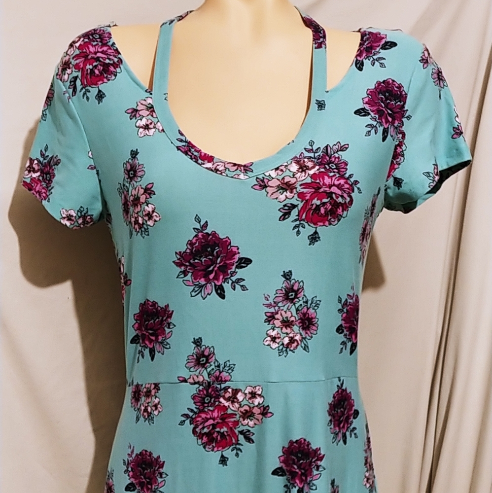 Aqua floral cold shoulder style dress, NEW